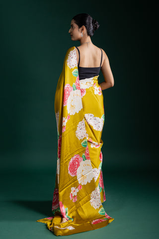 Olive Mustard Saree with Bold Blooming Red Florals