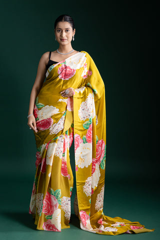 Olive Mustard Saree with Bold Blooming Red Florals