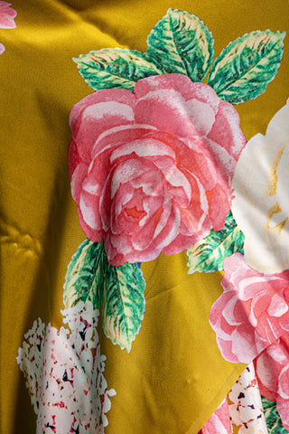 Olive Mustard Saree with Bold Blooming Red Florals