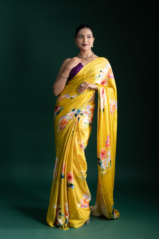 Radiant Yellow Saree with Delicate Pastel Floral Prints
