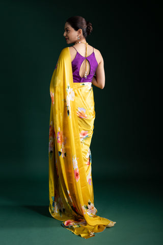 Radiant Yellow Saree with Delicate Pastel Floral Prints