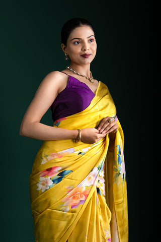 Radiant Yellow Saree with Delicate Pastel Floral Prints