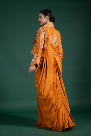 Chic Burnt Sienna Luxe Drape Gown With Embroidered Jacket