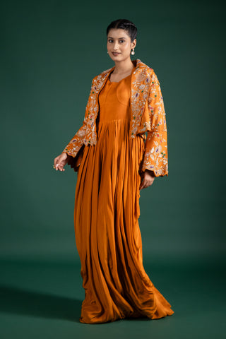 Chic Burnt Sienna Luxe Drape Gown With Embroidered Jacket
