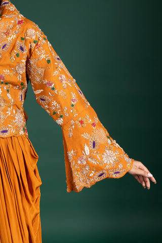 Chic Burnt Sienna Luxe Drape Gown With Embroidered Jacket