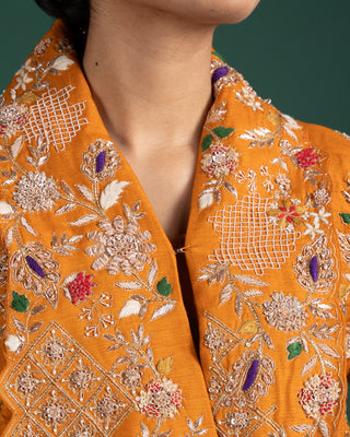 Chic Burnt Sienna Luxe Drape Gown With Embroidered Jacket