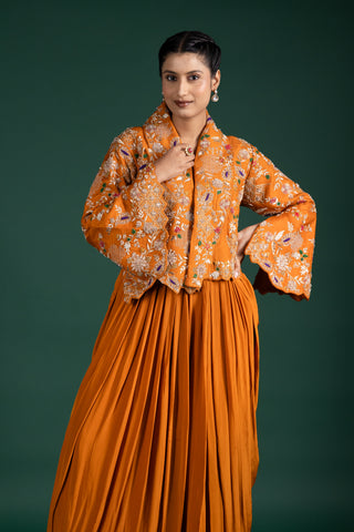 Chic Burnt Sienna Luxe Drape Gown With Embroidered Jacket