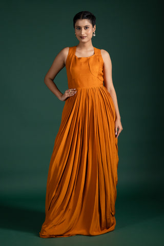 Chic Burnt Sienna Luxe Drape Gown With Embroidered Jacket