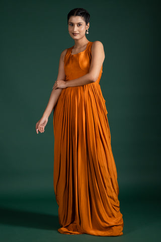 Chic Burnt Sienna Luxe Drape Gown With Embroidered Jacket