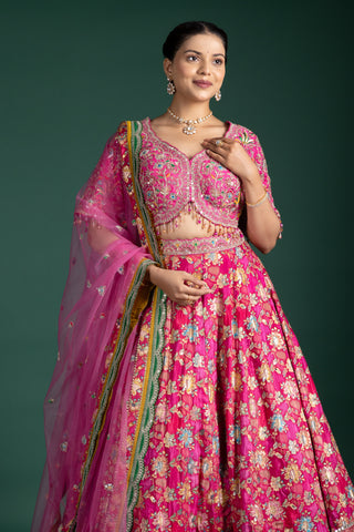 Vibrant Fuchsia Pink Hand-Embroidered Lehenga