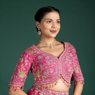 Vibrant Fuchsia Pink Hand-Embroidered Lehenga