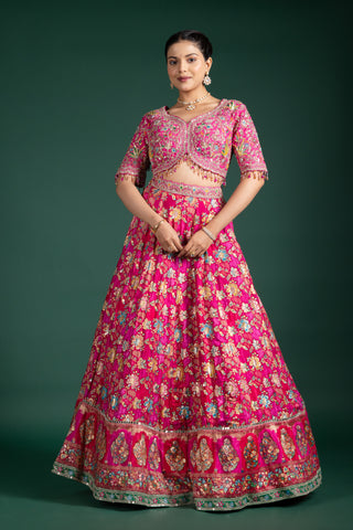 Vibrant Fuchsia Pink Hand-Embroidered Lehenga