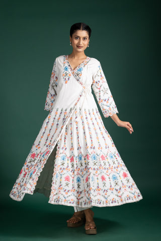 Ivory Bloom Floral Embroidered Long Jacket Anarkali Set