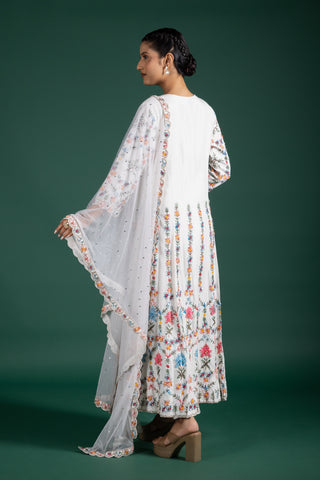 Ivory Bloom Floral Embroidered Long Jacket Anarkali Set