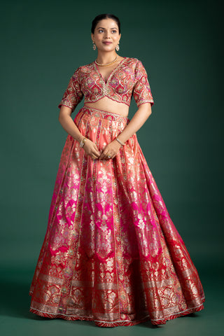 Blush Coral Lehenga with Opulent Golden Zari Accents