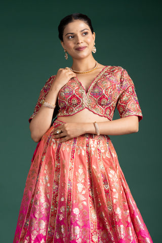 Blush Coral Lehenga with Opulent Golden Zari Accents