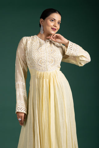 Lemon Sorbet Anarkali With Subtle Mirror Accents
