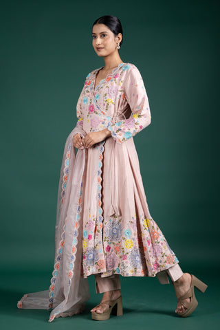 Blush Rosé Wrap Anarkali With Floral Embellishments