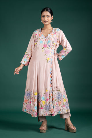 Blush Rosé Wrap Anarkali With Floral Embellishments