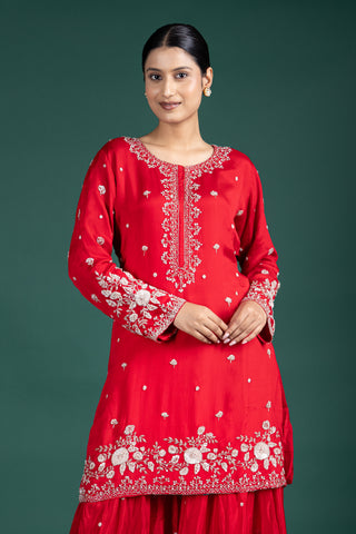 Scarlet Red Sharara  with  Embroidered Silver Detailing