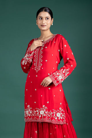 Scarlet Red Sharara  with  Embroidered Silver Detailing