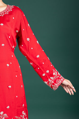 Scarlet Red Sharara  with  Embroidered Silver Detailing