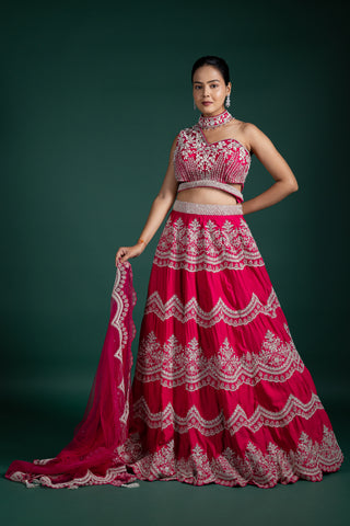 Vibrant Raspberry Pink One-Shoulder Lehenga