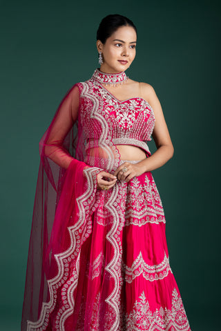 Vibrant Raspberry Pink One-Shoulder Lehenga