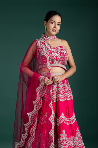 Vibrant Raspberry Pink One-Shoulder Lehenga