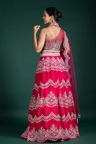 Vibrant Raspberry Pink One-Shoulder Lehenga