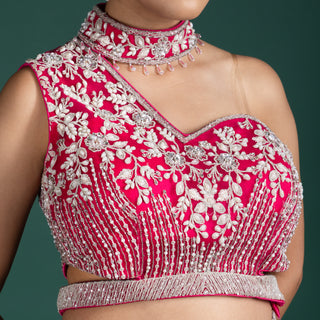 Vibrant Raspberry Pink One-Shoulder Lehenga