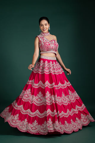 Vibrant Raspberry Pink One-Shoulder Lehenga