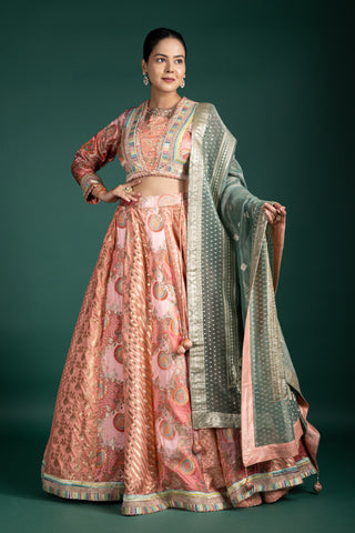 Sunset Peach and Sage Mist Lehenga