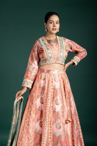 Sunset Peach and Sage Mist Lehenga