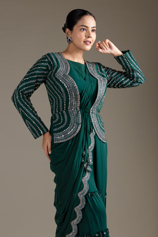 Emerald Illusion Mirrored Jacket with Pre-Draped Garara  & Crop Top Set
