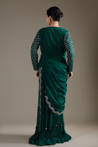 Emerald Illusion Mirrored Jacket with Pre-Draped Garara  & Crop Top Set