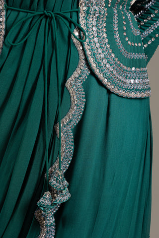 Emerald Illusion Mirrored Jacket with Pre-Draped Garara  & Crop Top Set
