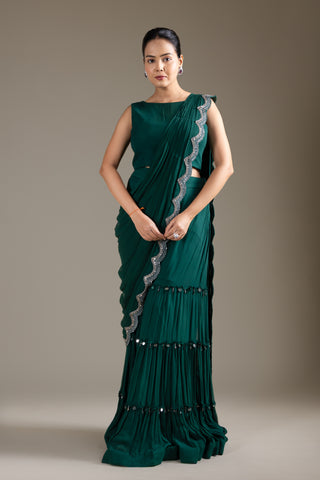 Emerald Illusion Mirrored Jacket with Pre-Draped Garara  & Crop Top Set