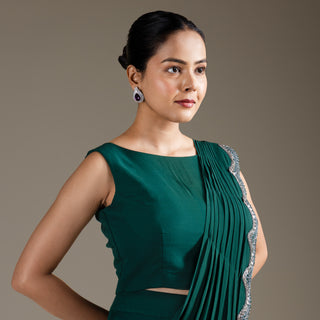 Emerald Illusion Mirrored Jacket with Pre-Draped Garara  & Crop Top Set