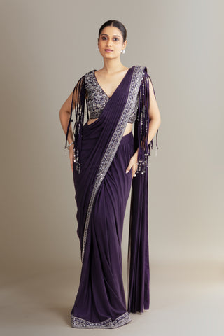 Midnight Fringe Embroidered Pre-Draped Saree Set
