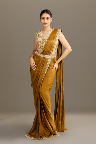 Antique Gold Drape Saree with Hand Embroidered Blouse