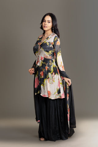 Black Floral Printed Sharara Set