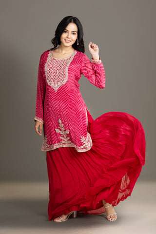 Crimson Red Bandhani Sharara Set