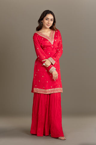 Fiery Crimson Red Silk Sharara Set