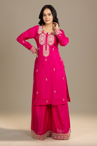 Vibrant Fuchsia Pink Kurta Sharara with Golden Accents