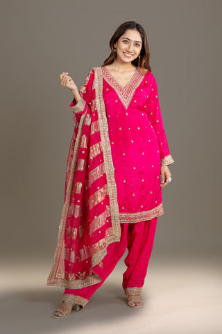 Fiery Pink Silk Embroidered Festive Suit