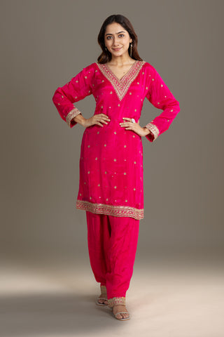 Fiery Pink Silk Embroidered Festive Suit