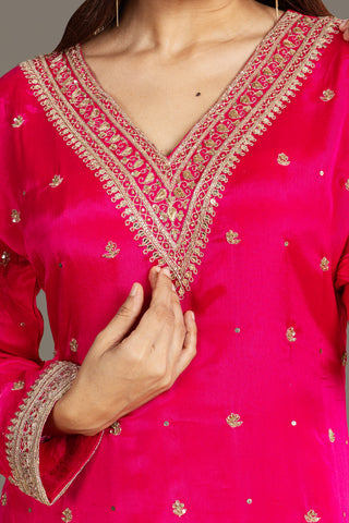Fiery Pink Silk Embroidered Festive Suit