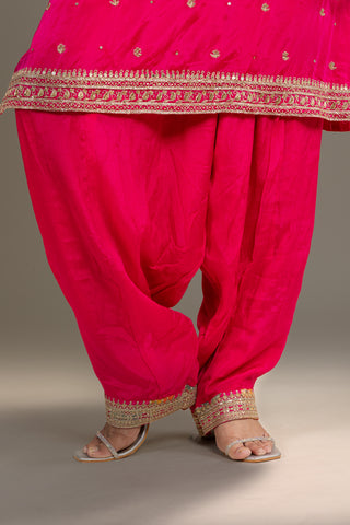 Fiery Pink Silk Embroidered Festive Suit