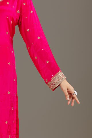 Fiery Pink Silk Embroidered Festive Suit